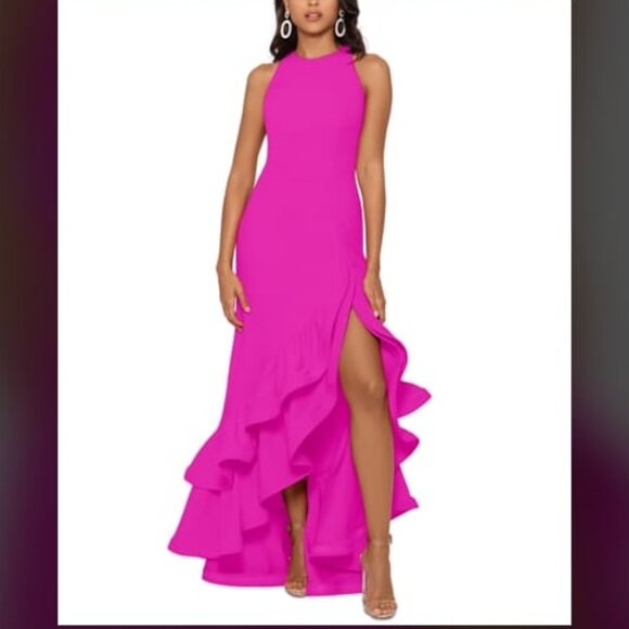 BETSY & ADAM Arielle Ruffle Slit Scuba Crepe High\Low Gown Fuchsia 4P MSRP $269 - Picture 1 of 6